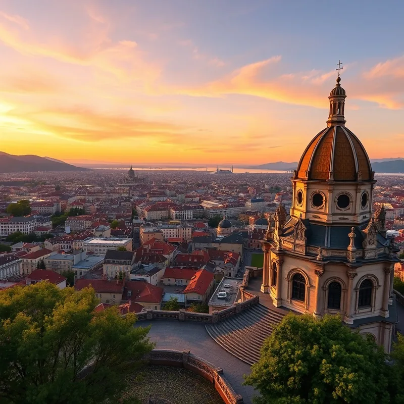Vue panoramique sur Lyon depuis la basilique de Fourvière au coucher du soleil.