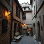Une traboule cachée à Lyon avec des pavés et des bâtiments historiques.