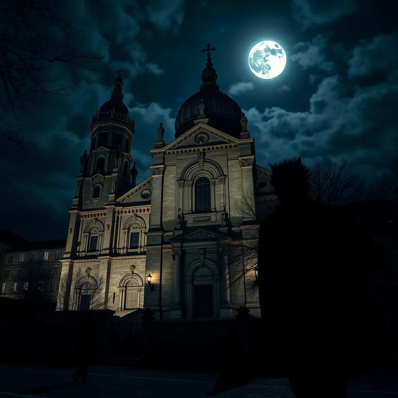 Basilique de Fourvière sous la lune, ambiance mystérieuse et fantomatique.