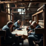 Atelier de Canuts à Lyon, ouvriers au métier à tisser, ambiance chaleureuse.