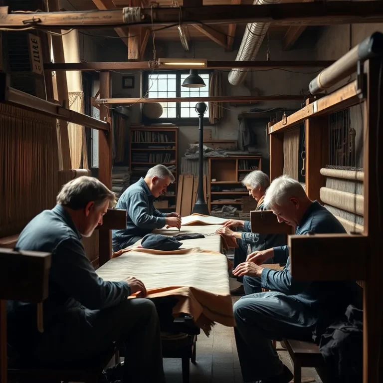 Atelier de Canuts à Lyon, ouvriers au métier à tisser, ambiance chaleureuse.