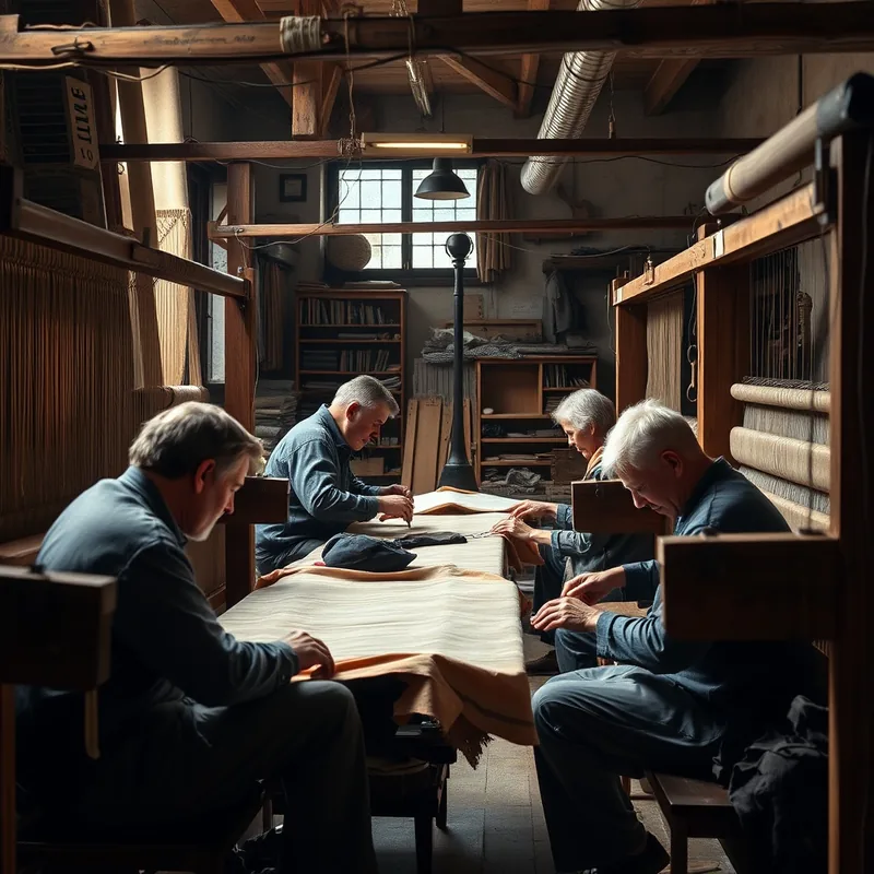 Atelier de Canuts à Lyon, ouvriers au métier à tisser, ambiance chaleureuse.
