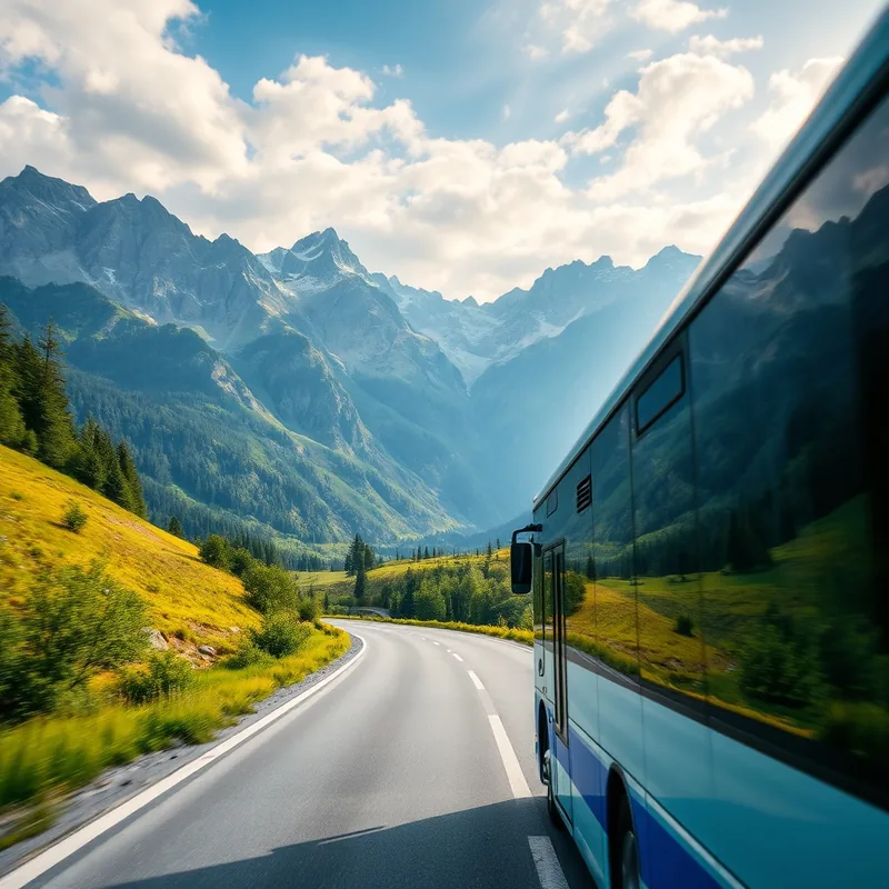 Un bus traversant les Alpes avec des montagnes en arrière-plan.