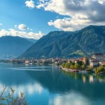 Vue paisible du lac d'Annecy et des montagnes environnantes.