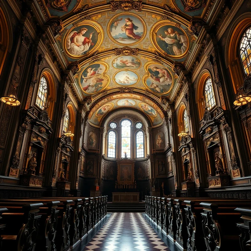 Intérieur baroque d'une chapelle avec fresques et sculptures en bois
