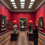 Une galerie d'art avec des œuvres de Rembrandt et Rodin.