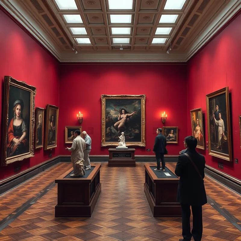 Une galerie d'art avec des œuvres de Rembrandt et Rodin.