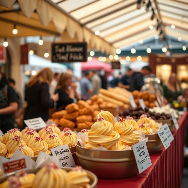 Festival culinaire à Lyon avec des plats typiques et des douceurs locales.