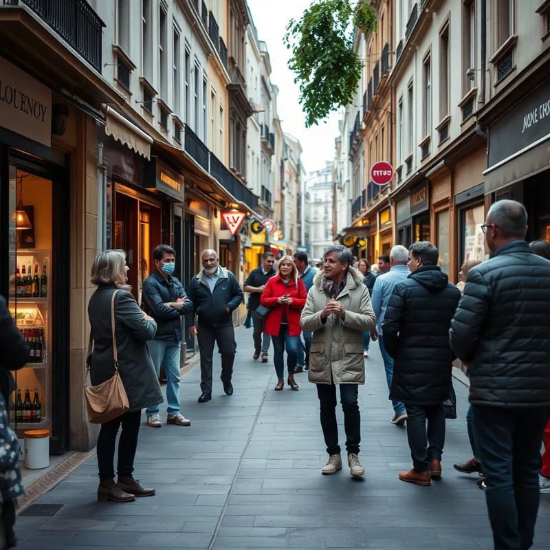 Scène de rue à Lyon, illustrant la chaleur humaine et la convivialité.