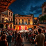 Scène de festival d'été à Lyon, avec des spectateurs sous les étoiles.