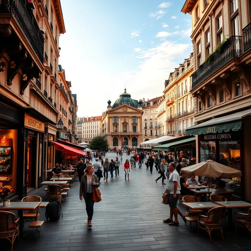 Vue animée de la place Bellecour avec des cafés et des touristes.