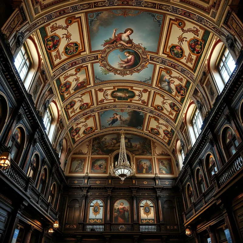 Intérieur de l'Hôtel de Ville de Lyon avec plafonds peints et boiseries.
