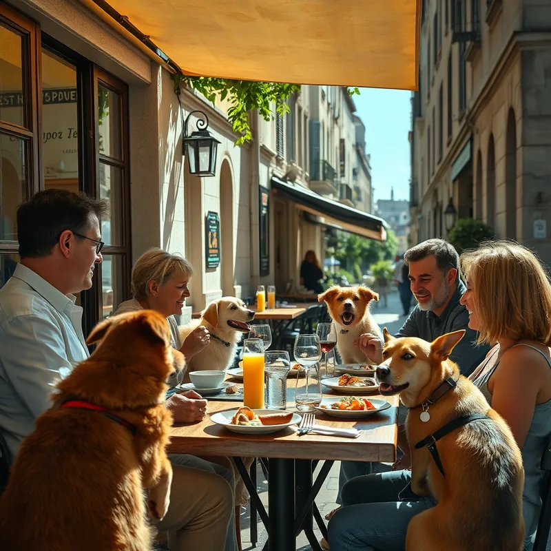 Un restaurant en plein air à Lyon avec des chiens et leurs maîtres.