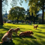 Un parc lyonnais avec des chiens jouant sur l'herbe verdoyante.