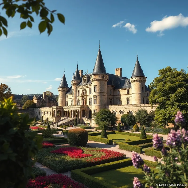 Vue d'un château historique à Lyon, entouré de jardins verdoyants.