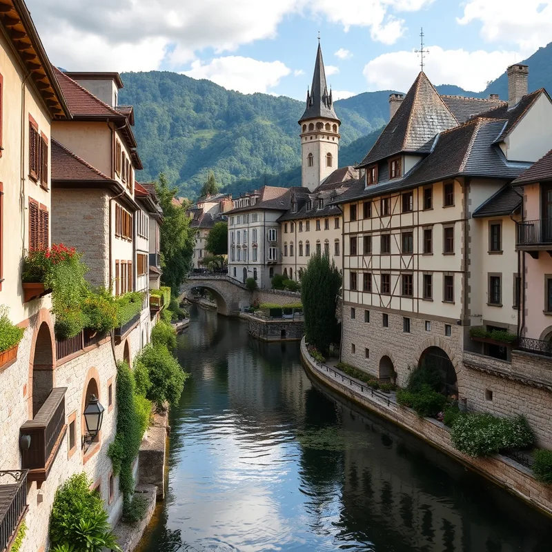 Vue sur l'architecture médiévale d'Annecy avec ses canaux.