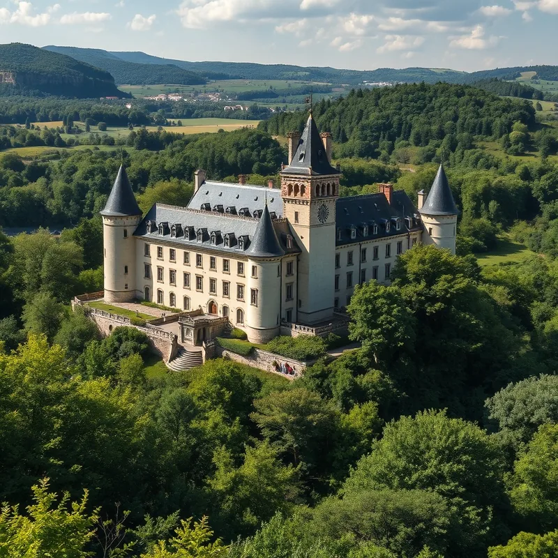 Un château historique entouré de verdure près de Lyon.