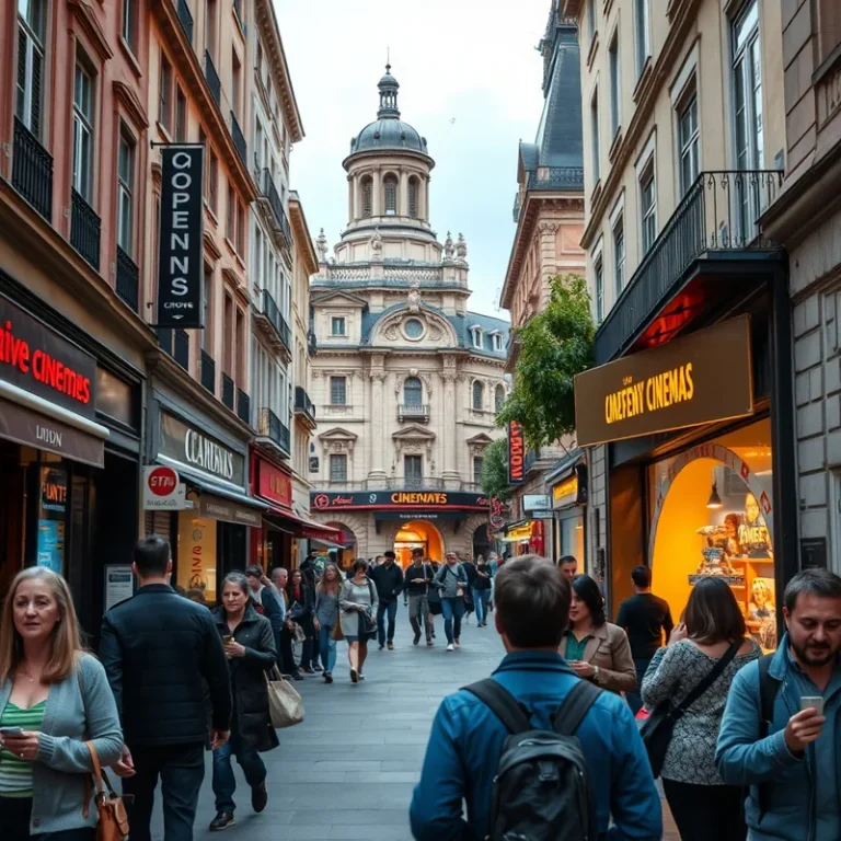 Vue de rues lyonnaises avec des cinémas indépendants et des passionnés de cinéma.