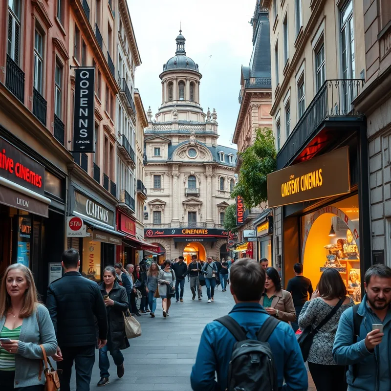 Vue de rues lyonnaises avec des cinémas indépendants et des passionnés de cinéma.
