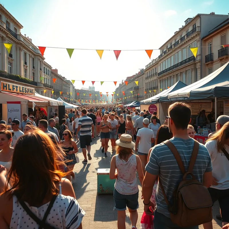 Scène estivale à Lyon avec des gens profitant de la musique en plein air.